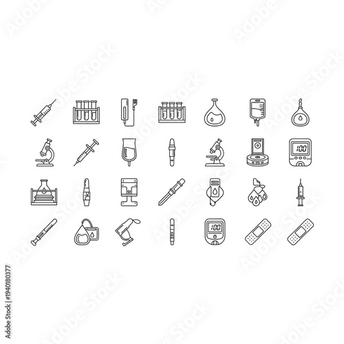 Collection of various science and laboratory equipment icons in black
