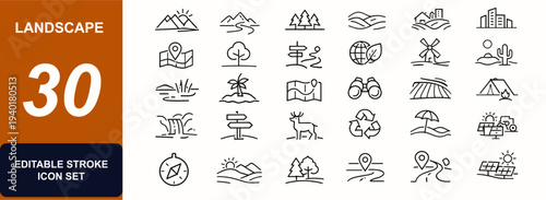 Landscape web icons in line style. Mountain, river, forest, terrain, countryside, park, map, tree, hiking trail, ecology symbols. Editable stroke. Vector illustration.