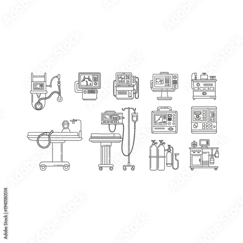 Collection of various office furniture and equipment illustrations in black and white
