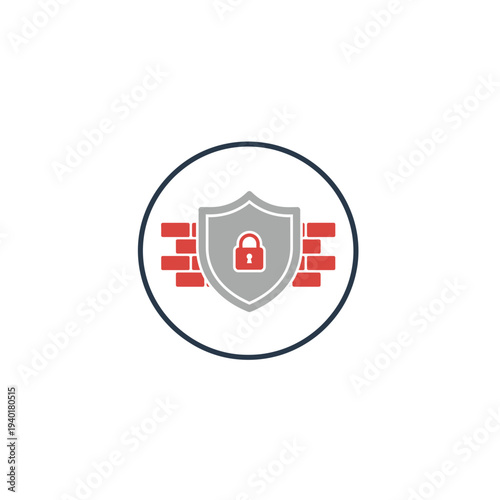 A gray shield with a red padlock and red rectangles on either side in a circle