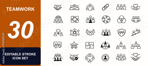Teamwork web icons in line style. Partnership, collaboration, unity, handshake, community, leadership, diversity, trust, corporate, network, people. Editable stroke. Vector illustration.