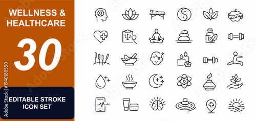 Wellness and healthcare web icons in line style. Mental therapy, spa massage, yoga balance, herbal care, cosmetic symbol, meditation, lifestyle. Editable stroke. Vector illustration.