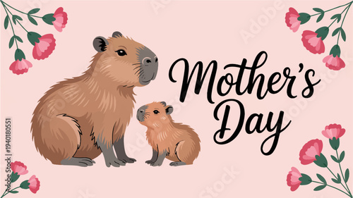 Mother's day capybara family illustration with floral elements on pink background