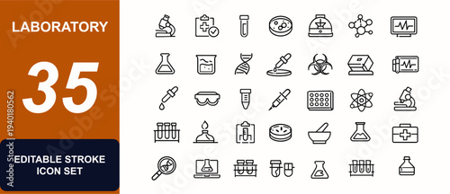 Laboratory web icons in line style. Microscope, flask, pipette, chemical analysis, clinical test, medical equipment, diagnosis. Editable stroke. Vector illustration.