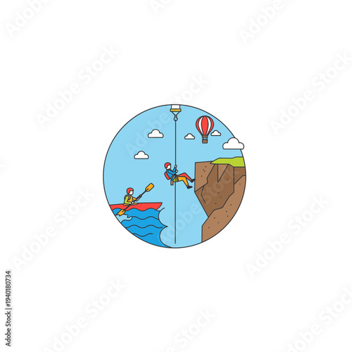 A colorful illustration of a scenic landscape with a cliff, ocean, and sky with clouds and a parachuter