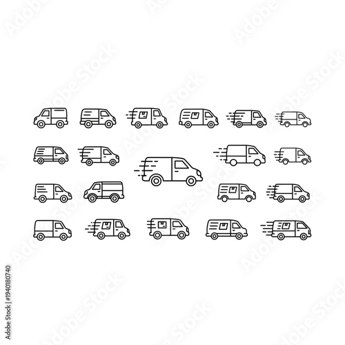 Collection of various vehicle icons in different styles and designs