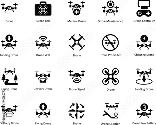 Comprehensive collection of black minimalist drone icons featuring delivery drones, medical transport, surveillance, maintenance, and remote control navigation.