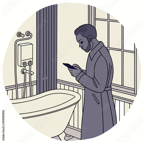 Man in trench coat using phone in bathroom.