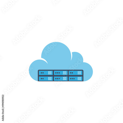 A blue cloud icon with a server rack