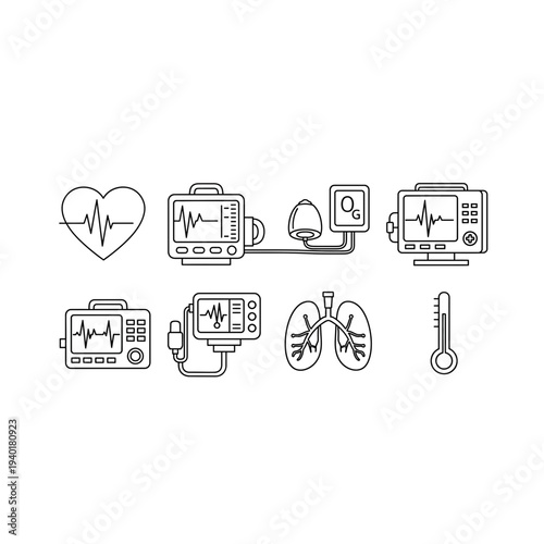 Medical equipment and organ icons in a line drawing style