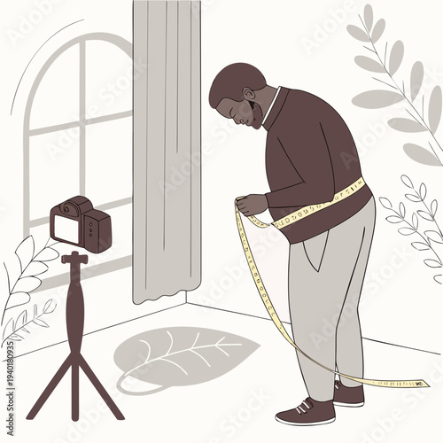 Man measuring his waist with a tape measure in front of a camera recording his progress for a health and fitness vlog.