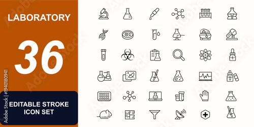 Laboratory web icons in line style. Microscope, flask, pipette, chemical experiment, biology research, blood sample, science equipment set. Editable stroke. Vector illustration.