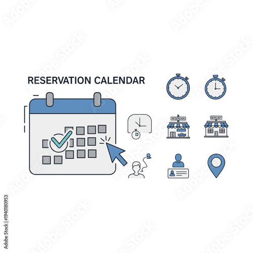 Reservation calendar icon with various symbols and a blue and white design