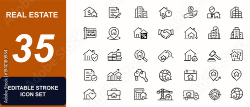 Real estate web icons in line style. Mortgage, contract, apartment, house key, investment, realtor, sales price, location. Editable stroke. Vector illustration.