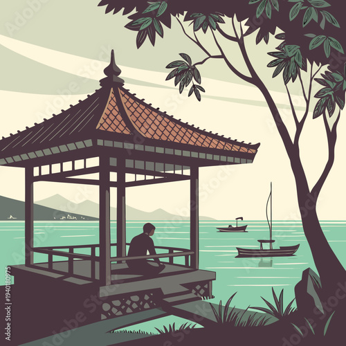 Man Meditating in a Traditional Gazebo by the Sea.