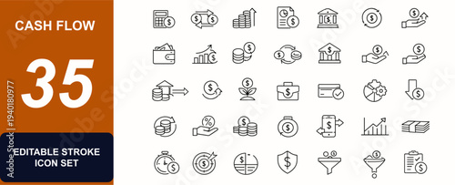 Cash flow concepts web icons in line style. Budget control, money transfer, coin exchange, profit growth, bank payment, dollar cycle. Editable stroke. Vector illustration.