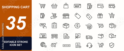 Shopping cart web icons in line style. Checkout, retail store, basket, bag, online purchase, supermarket sale, mobile order. Editable stroke. Vector illustration.