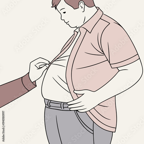 Man struggling with tight clothes due to weight gain.
