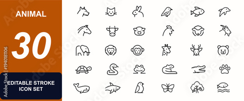 Animal web icons in line style. Fauna, pets, livestock, marine life, jungle species, habitat, ecosystem, canine, feline, poultry, reptile icons. Editable stroke. Vector illustration.