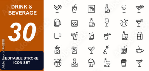 Drink and beverage web icons in line style. Cocktail glass, soda cup, bar menu, beer bottle, martini, juice mug, refreshment liquid, pub drink icons. Editable stroke. Vector illustration.