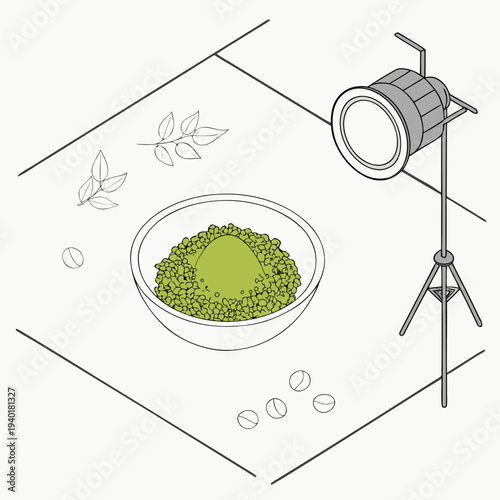 Overhead view of a bowl of green tea powder with a studio light setup.