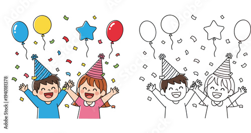Cute children celebrating birthday party with balloons and confetti. Color illustration and black and white outline coloring page vector.