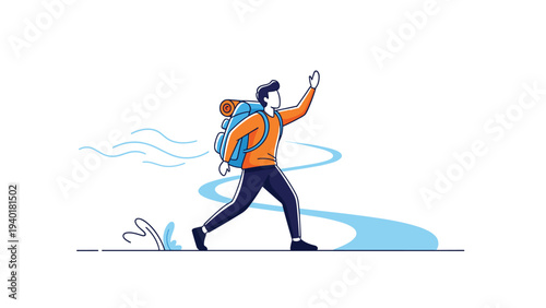 Hiker carrying a backpack and waving while walking along a winding blue path through a natural landscape.