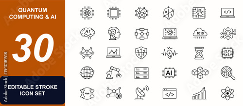 Quantum computing and artificial intelligence web icons in line style. Microchip, processor, circuitry, robotics, algorithm, hardware, software. Editable stroke. Vector illustration.
