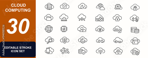 Cloud computing web icons in line style. Server hosting, security shield, data backup, network access, AI platform, encrypted database. Editable stroke. Vector illustration.