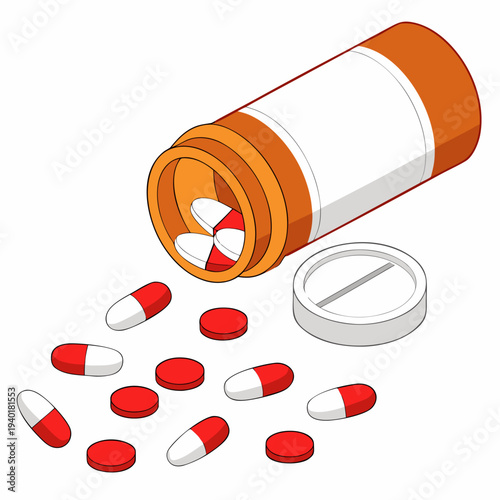Pills and capsules spilling from a medicine bottle 1.