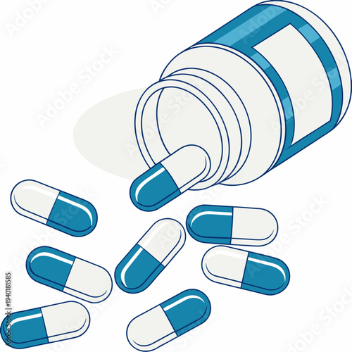 Pills spilling from a bottle illustrating medication and healthcare concepts.