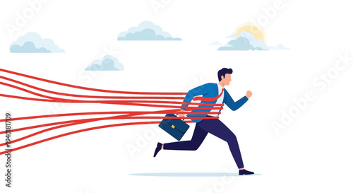 Businessman running, tied up with red ropes, representing red tape, bureaucracy, or being held back by obstacles and restrictions