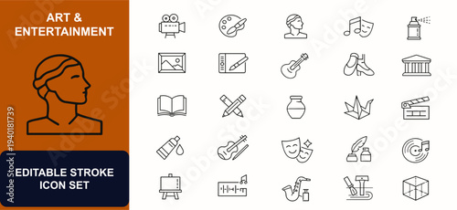 Art and entertainment web icons in line style. Cinema camera, painting brush, sculpture, music note, theatre mask, graffiti spray, digital art. Editable stroke. Vector illustration.