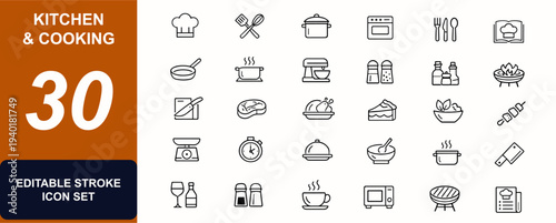 Kitchen and cooking web icons in line style. Chef tools, cookware, oven, fork, recipe, spice, grill, preparation, kitchenware, mixer. Editable stroke. Vector illustration.