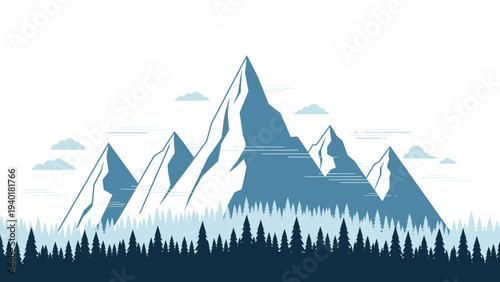 Scenic panoramic view of majestic blue mountain peaks rising above a dense and dark evergreen pine forest.