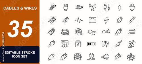Cables and wires web icons in line style. Fiber optic, electrical connector, telecom signal, ethernet plug, copper conductor, power cord set. Editable stroke. Vector illustration.