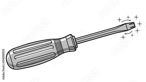 Manual flathead screwdriver with a gray handle and metallic shaft showing motion lines and sparkles for repair work.