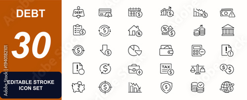 Debt web icons in line style. Loan payment, credit card, budget plan, cash flow, mortgage rate, coin currency, expense account, money bag. Editable stroke. Vector illustration.