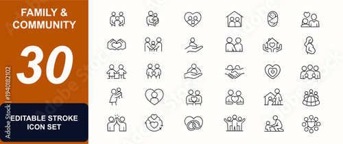 Family and community web icons in line style. Parenting, adoption, children, friendship, couple, protection, home, baby, support, unity icons. Editable stroke. Vector illustration.