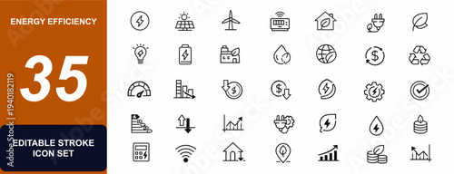 Energy efficiency web icons in line style. Electricity, renewable power, smart meter, eco home, green leaf, cost reduction, usage level. Editable stroke. Vector illustration.