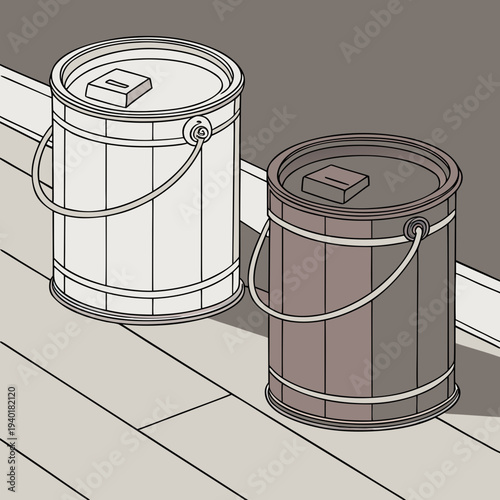 Two paint cans one white and one brown sit on a wooden floor next to a white baseboard ready for a home renovation project.