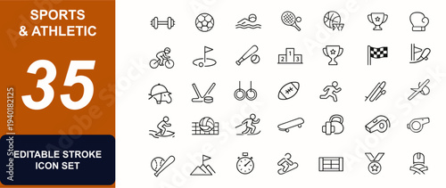 Sports and athletic activities web icons in line style. Fitness, football, swimming, tennis, gym, tournament, basketball, boxing, cycling. Editable stroke. Vector illustration.