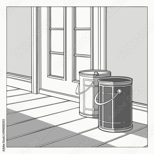 Two paint cans sit on a tiled floor next to a glasspaned door casting long shadows in a black and white illustration.