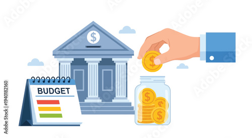 Budget planning and savings concept with a bank building, calendar, coins in a jar, and a hand depositing money into a savings jar