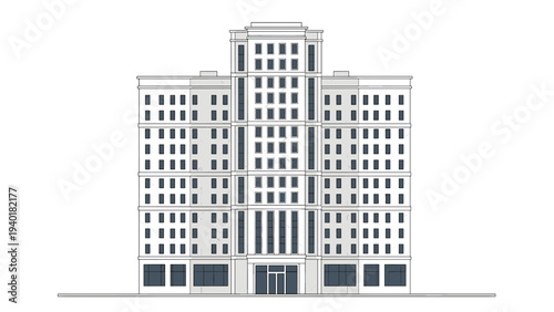 Symmetrical high-rise office building or residential apartment block with many windows isolated on a clean white background.