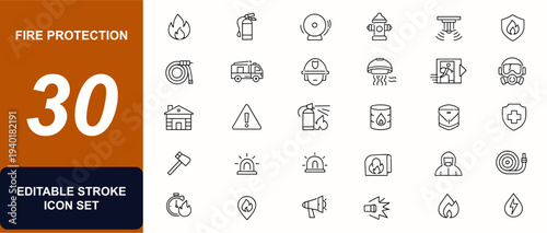 Fire protection web icons in line style. Emergency safety, extinguisher, alarm, hydrant, sprinkler, firefighter, smoke detector, shield. Editable stroke. Vector illustration.