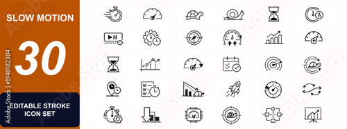 Slow motion web icons in line style. Timer control, productivity dashboard, velocity indicator, turtle symbol, hourglass progress, performance chart. Editable stroke. Vector illustration.