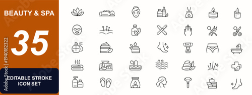 Beauty and spa web icons in line style. Massage therapy, facial care, manicure tools, aromatherapy oil, wellness salon, cosmetic mask. Editable stroke. Vector illustration.