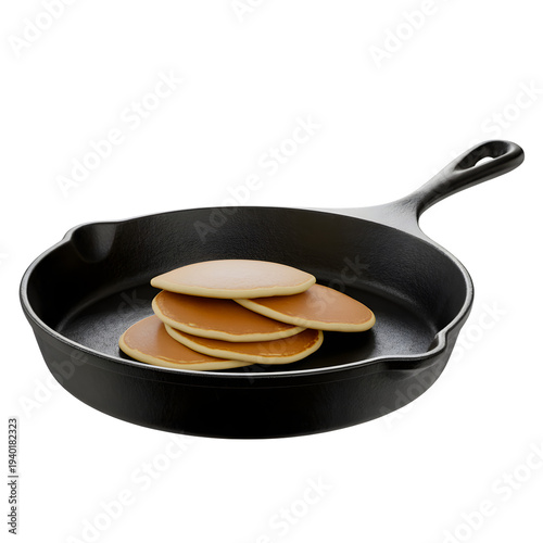 Cast iron skillet with stacked pancakes perfect for breakfast isolated on transparent background
