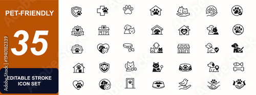 Pet-friendly web icons in line style. Adoption badge, vet clinic, paw icon, animal shelter, home care, permitted pets, dog cat service. Editable stroke. Vector illustration.